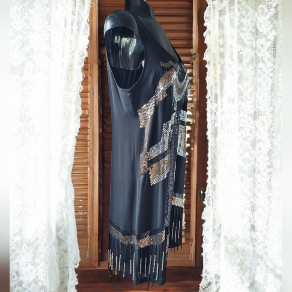 Retro 1920’s Art Deco Flapper Spangled Tasseled Sequined Black Dress Size 10 - Picture 2 of 13